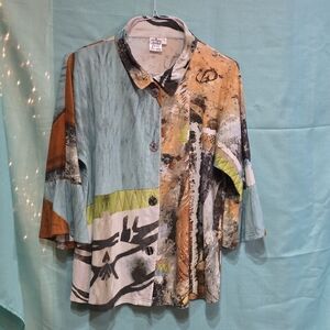 Parsley & Sage Womens Artsy Abstract Button Up Top Size XL Eclectic Wired Collar